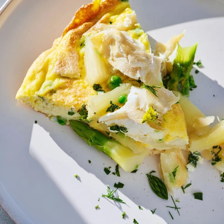 This baked Meadow-Soft Cozy Plate: Frittata, showcases a medley of fresh, vibrant spring vegetables.