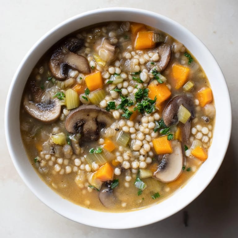 A close-up of a hearty, bubbling Wild Mushroom and Barley Soup, invitingly aromatic.
