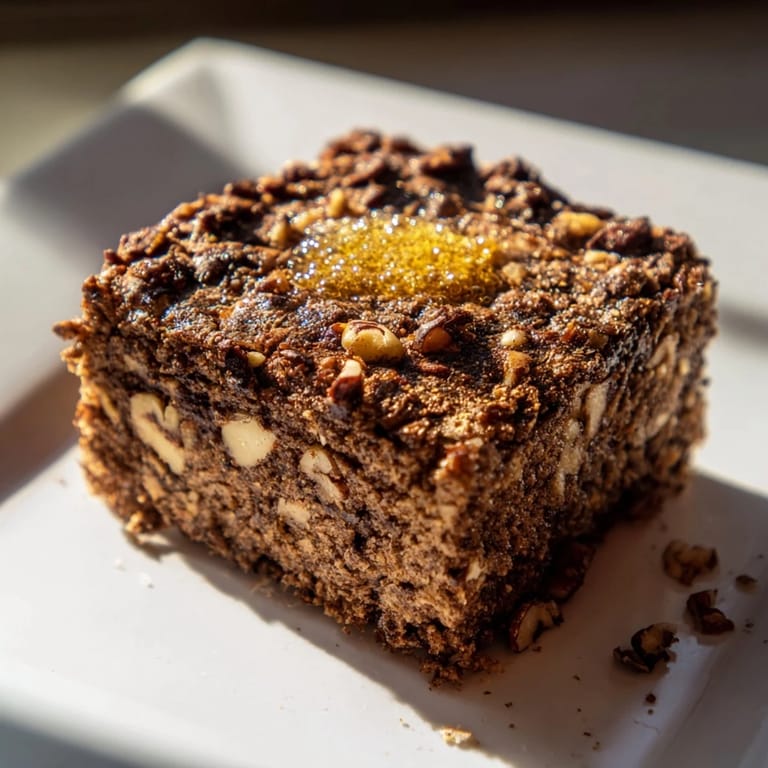 Close-up of baked Light Sweet Hazel Treats: Hazelnut and Honey Cake Squares, warm and dusted with nuts.