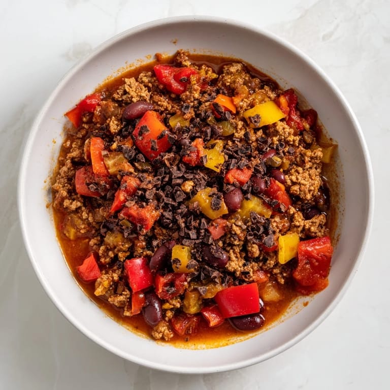 A close-up of hearty One-Pot Cozy Chocolate Chili, glistening and ready to serve with optional garnishes on top.