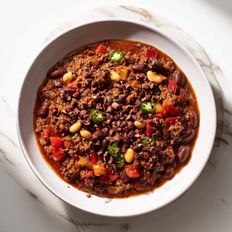 Savory One-Pot Cozy Chocolate Chili simmering in a pot, promising a comforting and flavorful dinner experience.