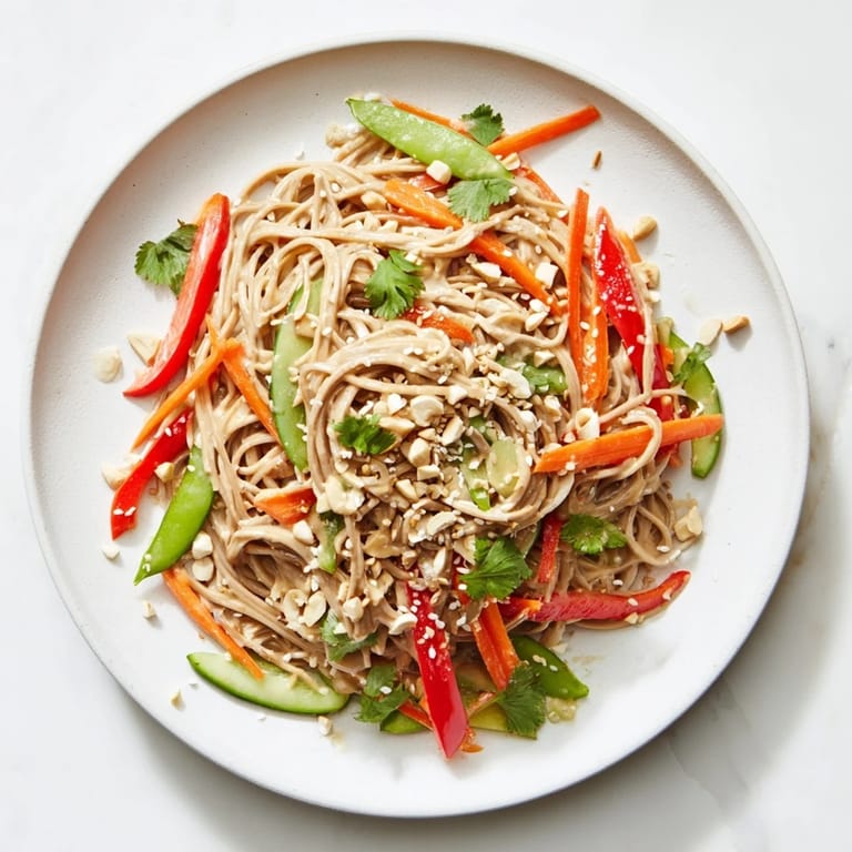 Enjoy the flavorful Spicy Peanut Noodle Salad, filled with fresh vegetables and chopped peanuts.