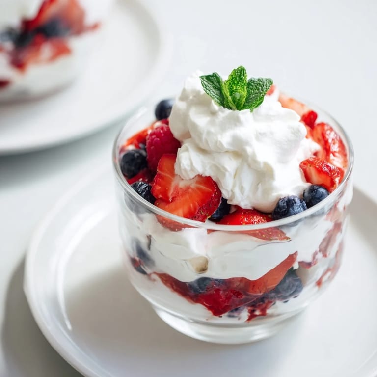 Easy, gluten-free dessert: showcasing a beautiful Berry Parfait, layered with whipped cream and berries.