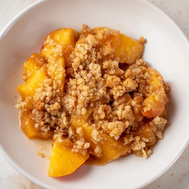 Close-up of a rustic Peach and Ginger Crumble, promising a comforting taste and perfect summer dessert.