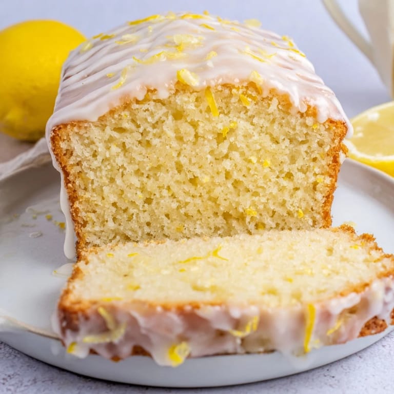 Moist and delicious, a close-up shows a slice of lemon loaf cake drizzled in sweet icing.