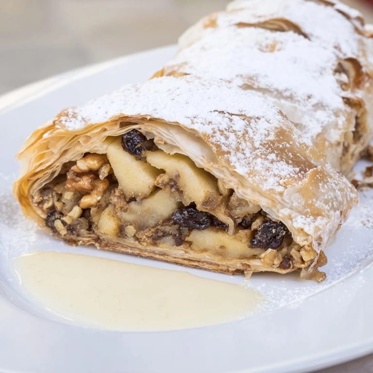 A close-up view of freshly baked apple strudel, showing layers of apples and a dusting of sugar.