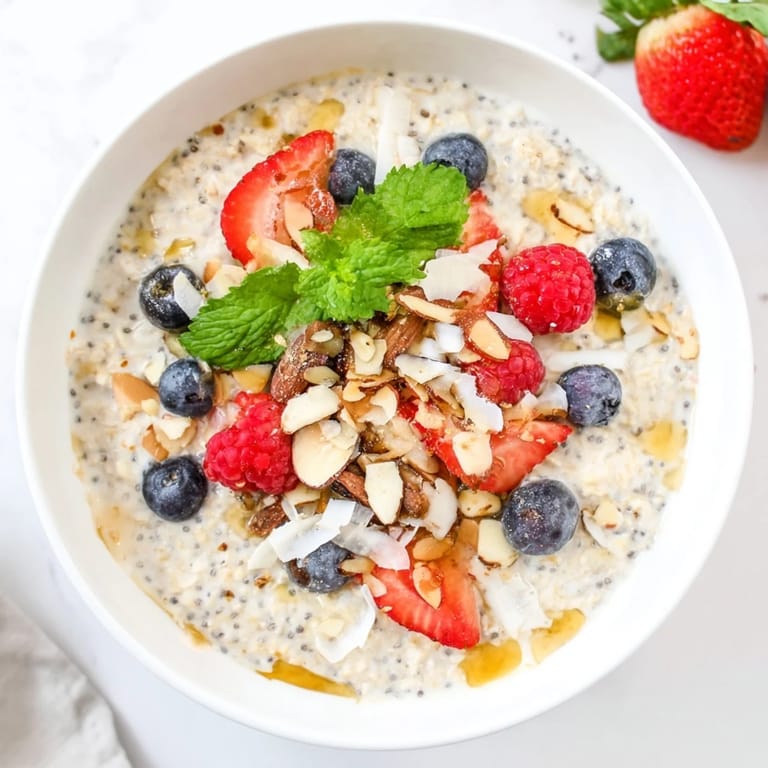 A close-up of overnight oats, featuring fresh berries and a drizzle of golden honey, ready to eat.