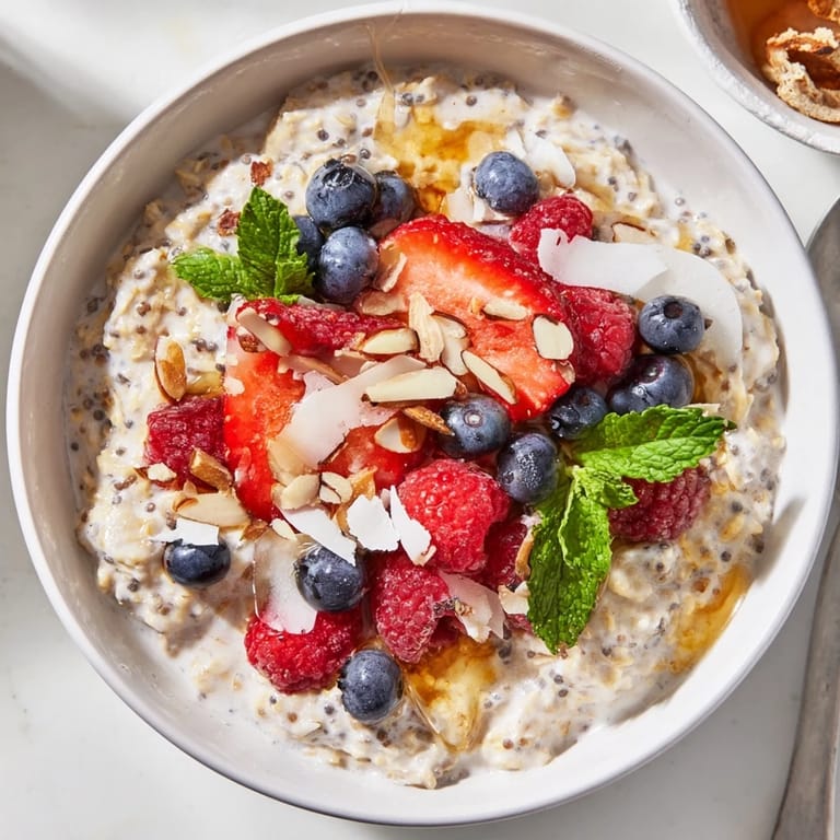 Imagine a vibrant bowl of overnight oats with berries and honey, garnished and appealingly presented for a delicious breakfast.