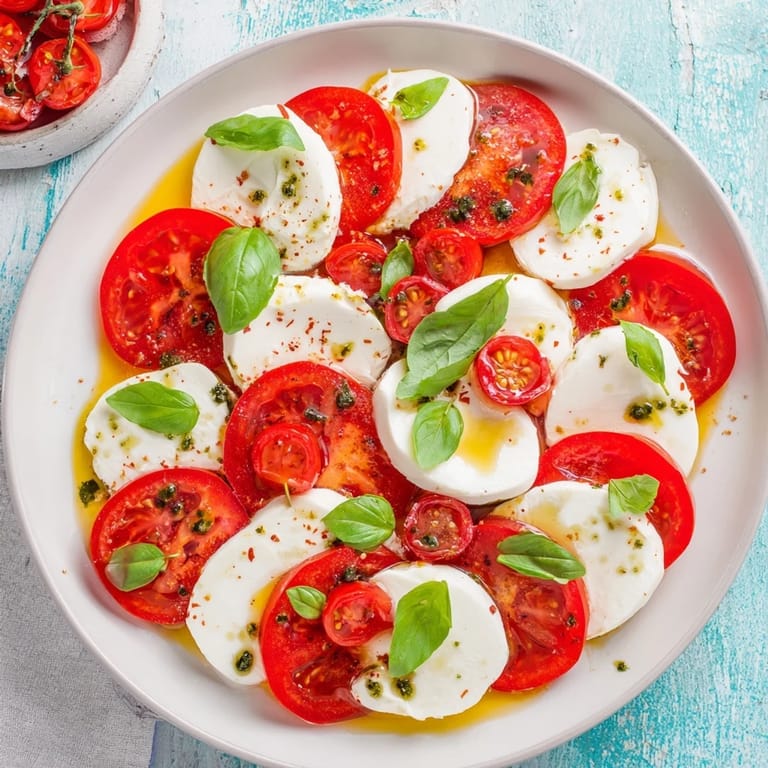 Enjoy an Italian Caprese salad, with fresh basil on top, perfect for a light vegetarian lunch.