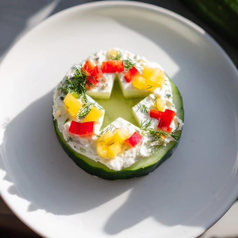 Close-up of beautiful Holiday Star Cucumber Bites, a colorful vegetarian appetizer to please.