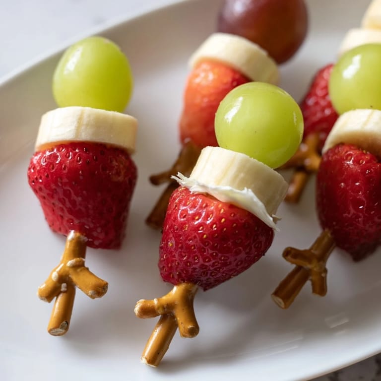 Sweet, juicy strawberries form cute elf hats in this colorful recipe for strawberry skewers, a kid-friendly treat.