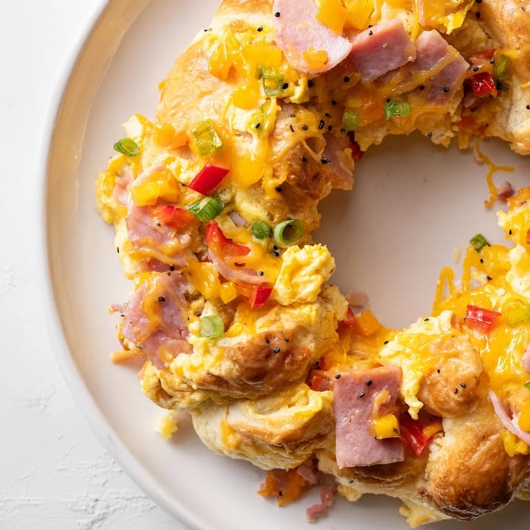 A beautiful, ring-shaped egg and ham bake, with flaky crust and a flavorful, cheesy filling.