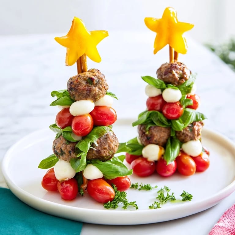 These festive mini meatball Christmas trees are beautifully arranged with red tomatoes and pretzel "trunks".