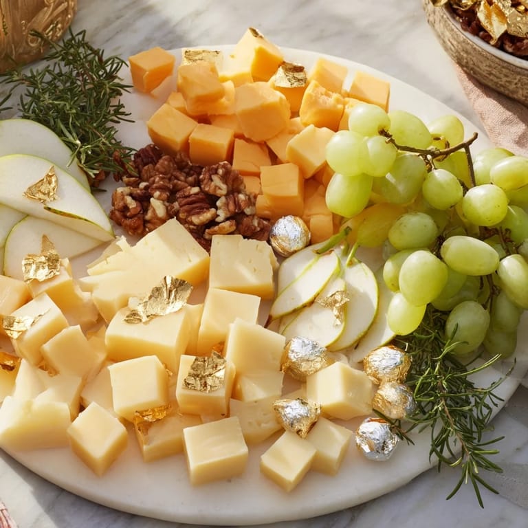 Festive Gold and Silver Cheese Cube Board, with a beautiful medley of cheese, ready to serve guests.