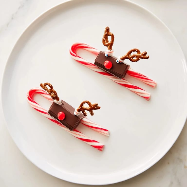 Chocolatey mini bars form the base of these fun Rudolph Candy Cane Sleds, a sweet holiday treat.