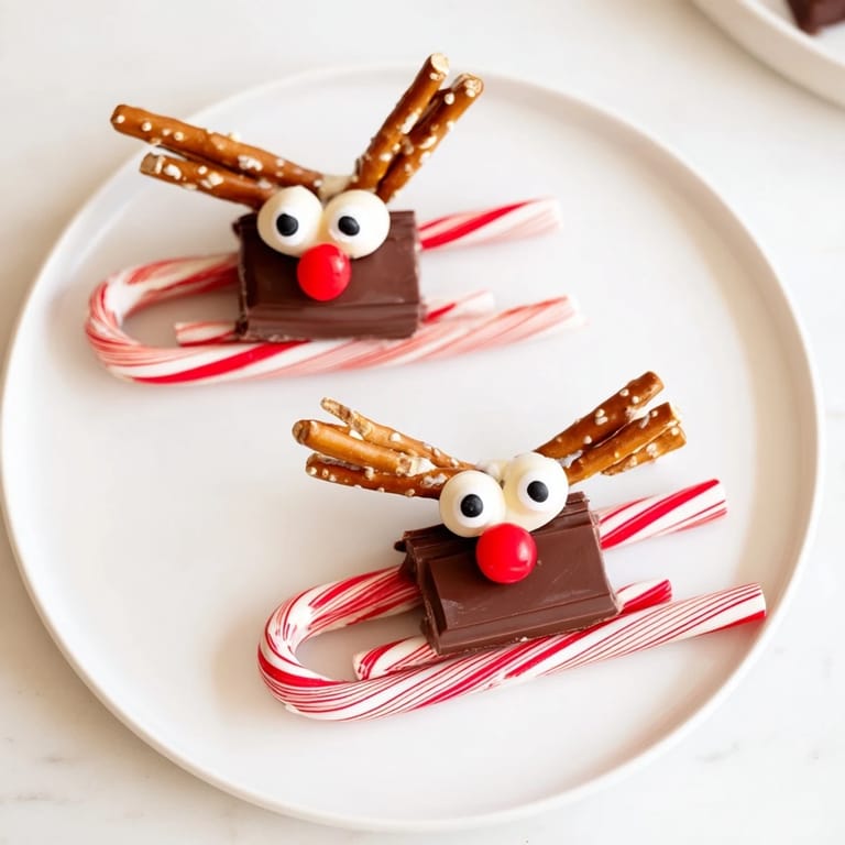 Beautifully crafted Rudolph Candy Cane Sleds await; mini candy canes and pretzels make adorable decorations.