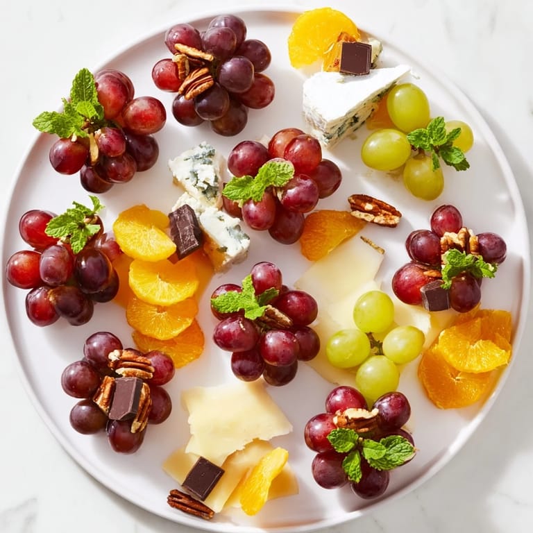 Fresh grapes and sweet treats are arranged on this festive Grapes of Fortune board, ready to serve.
