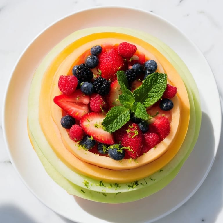 Layered Fruit Platter presents a beautiful circle arrangement of sweet honeydew, watermelon, and fresh berries.