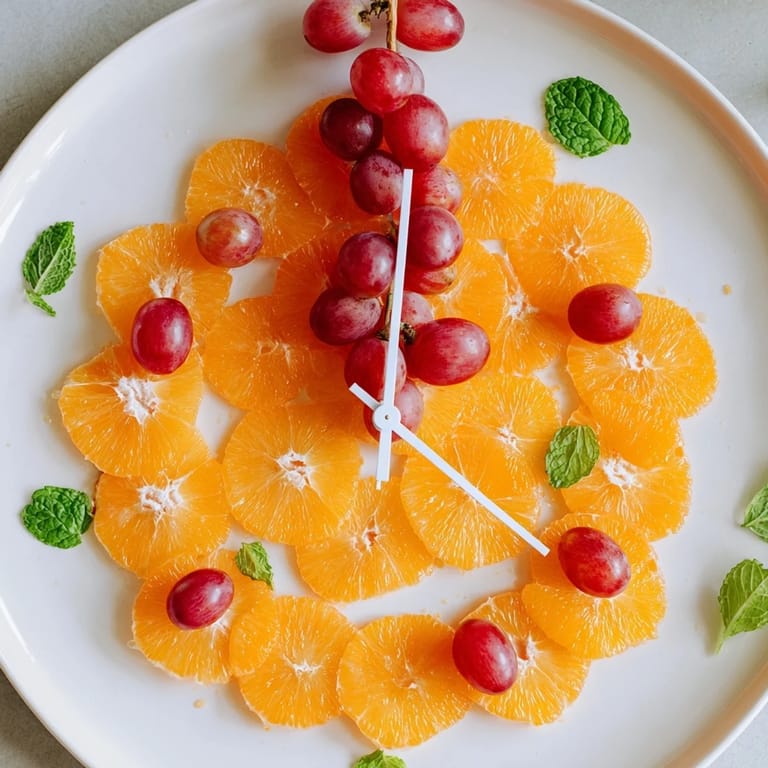 Bright, colorful Grape and Orange Slice Clock Face platter, a healthy snack, with juicy oranges and grapes.