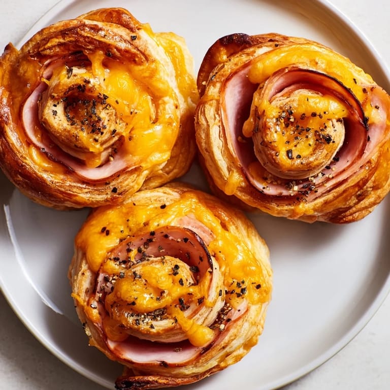 Warm, cheesy spirals of savory ham and cheese pinwheel rolls, a delightful party appetizer.