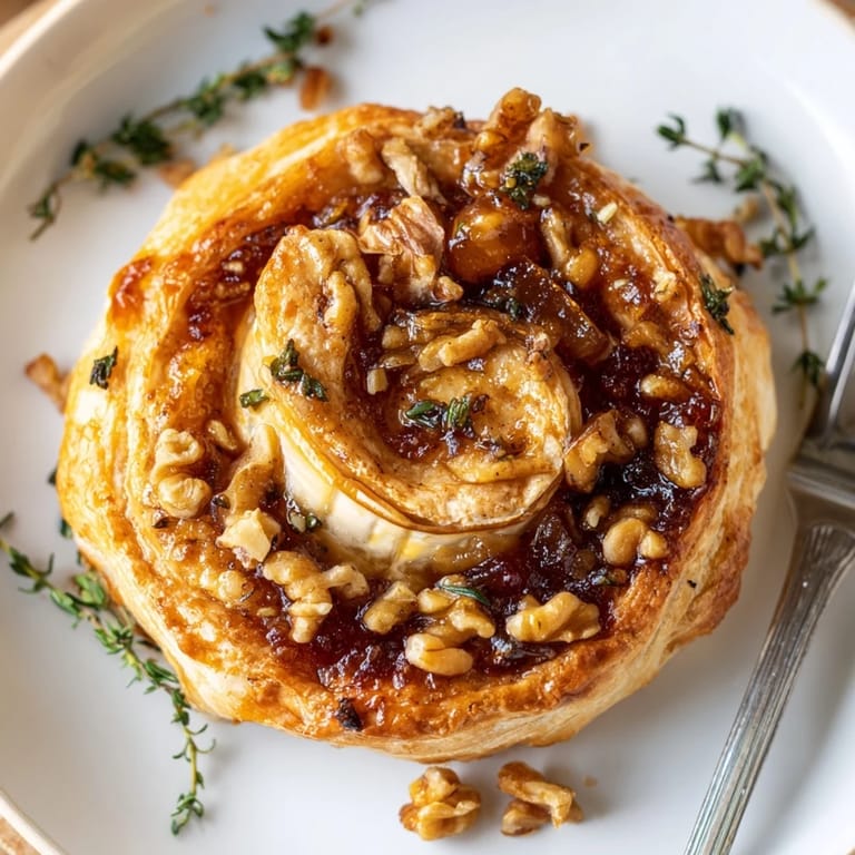 Close-up of a perfectly baked Brie, showcasing a sweet fig jam center and crust.