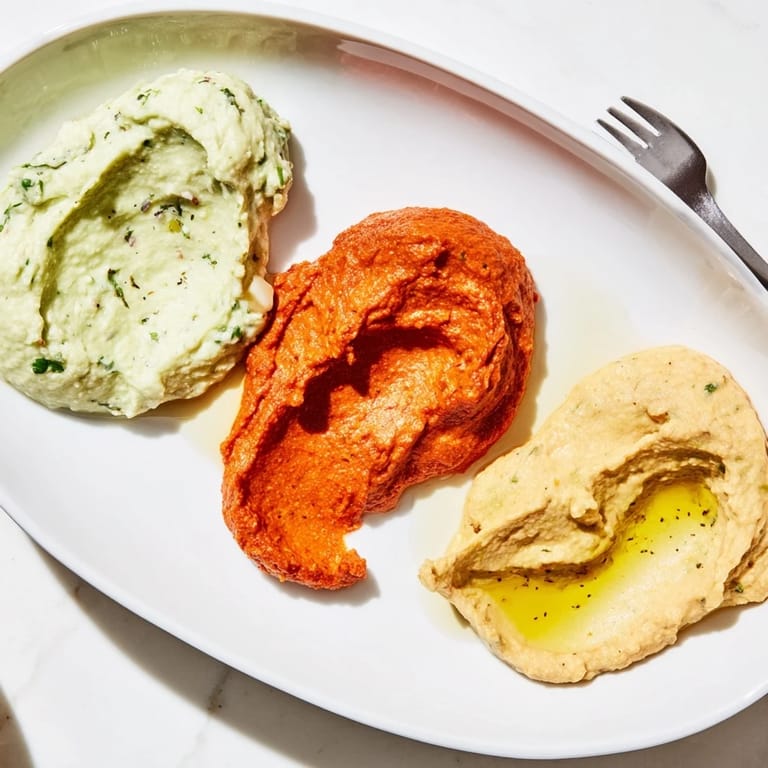 Served with veggies or crackers, this dip trio features zesty avocado, savory hummus, and roasted red pepper.