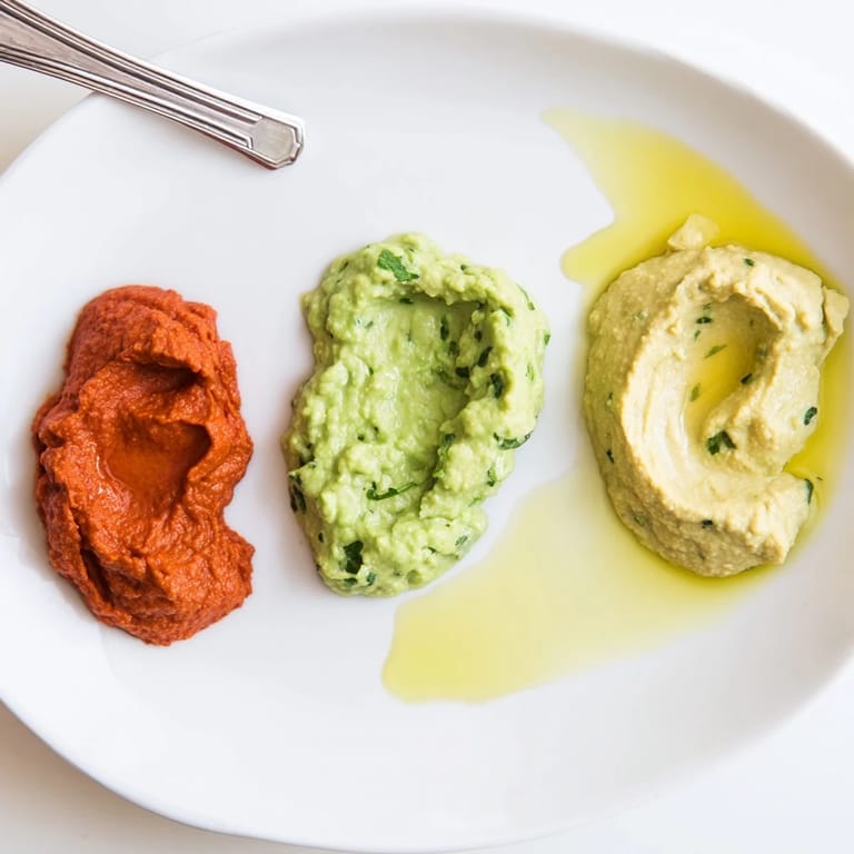 Three delicious dips are arranged: green avocado, then roasted red pepper, followed by turmeric hummus.