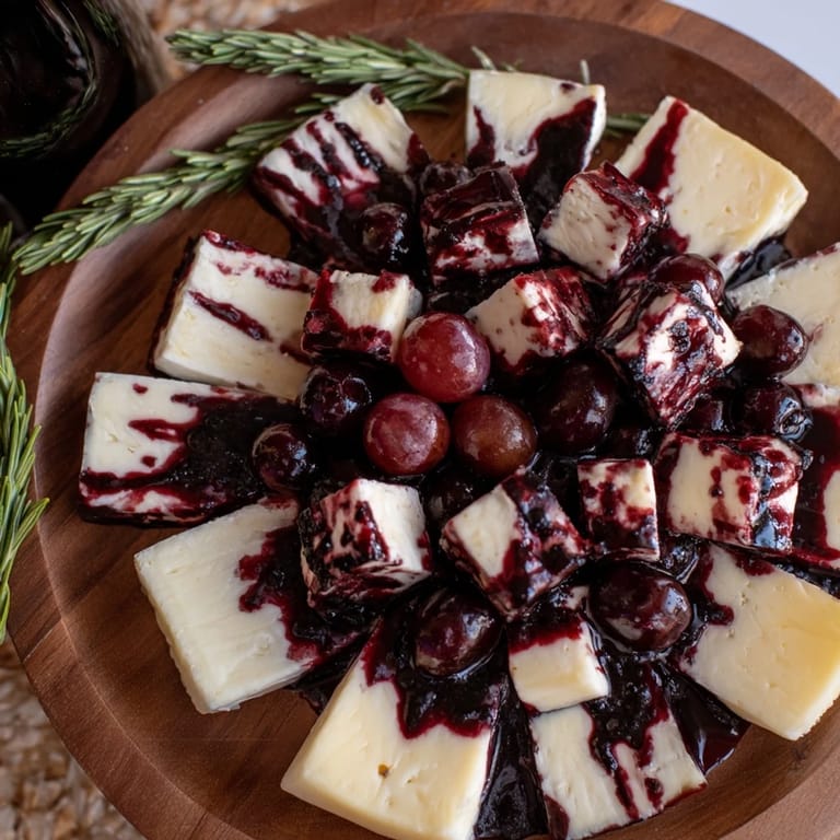 An inviting Ruby Red Wine Stain Board appetizer featuring red wine-soaked cheeses, perfect for a gathering.