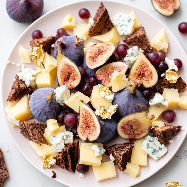 This Deep Indigo Midnight Sky appetizer features dark fruits and cheeses arranged on a wooden board.