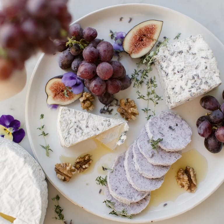 Elegant "Lavender Haze" cheese platter featuring lavender cheese, brie, and figs, ready to be enjoyed.