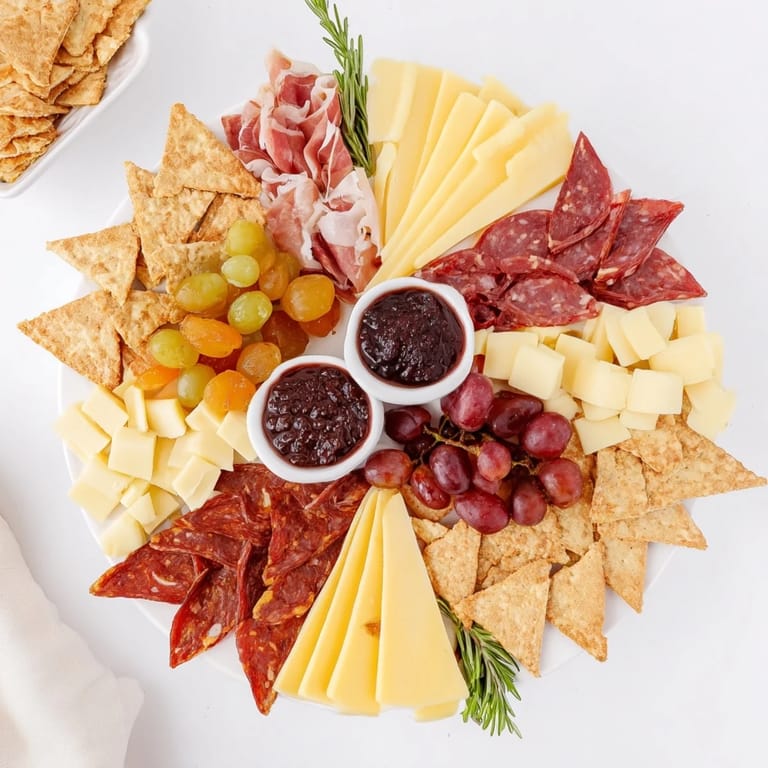 Vibrant Geometric Gala appetizer features artful arrangements of triangle-shaped cheese, meats, and crackers.