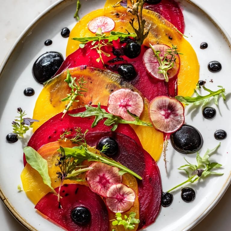 Thinly sliced beets and radishes accent The Shadow Play, creating a visual feast alongside black olives.