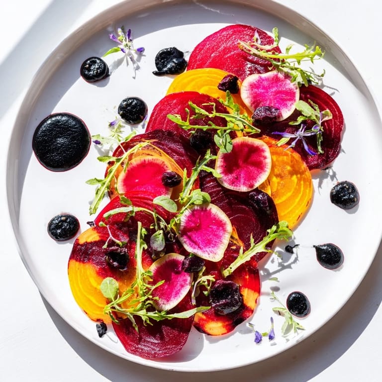 Dark, artful contrast in a The Shadow Play appetizer: imagine rich black accents against colorful, layered vegetables.