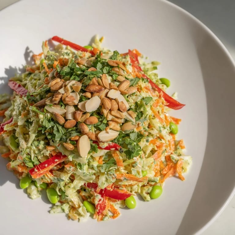 A bowl of fresh Crunchy Cabbage and Edamame Salad, sprinkled with toasted almonds and sunflower seeds.