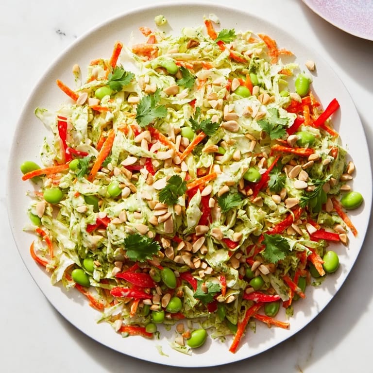 Close-up of a refreshing, chilled Crunchy Cabbage and Edamame Salad ready to be enjoyed.
