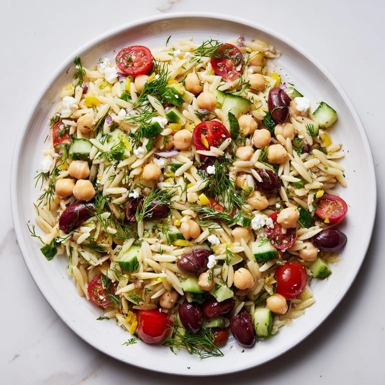 Close-up of a flavorful Greek lemon-orzo bean salad showing all the fresh ingredients and textures.