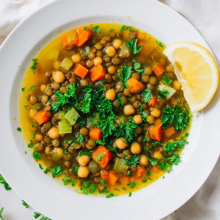 Close-up of a rustic Middle Eastern lentil and chickpea stew, bubbling and ready to serve with flatbread.