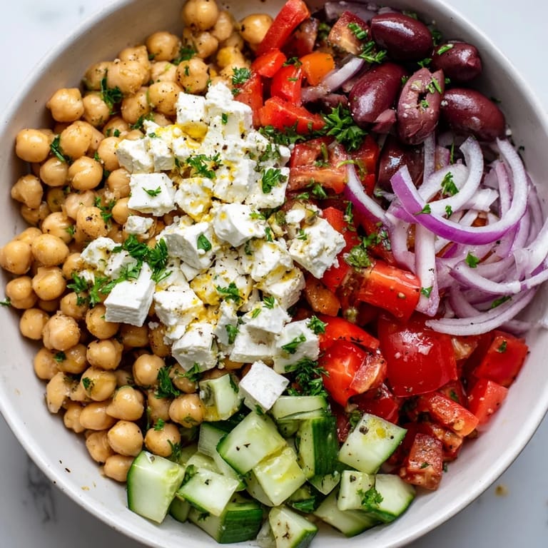 A close-up of a hearty Mediterranean Chickpea and Feta Bowl, topped with Kalamata olives and parsley.