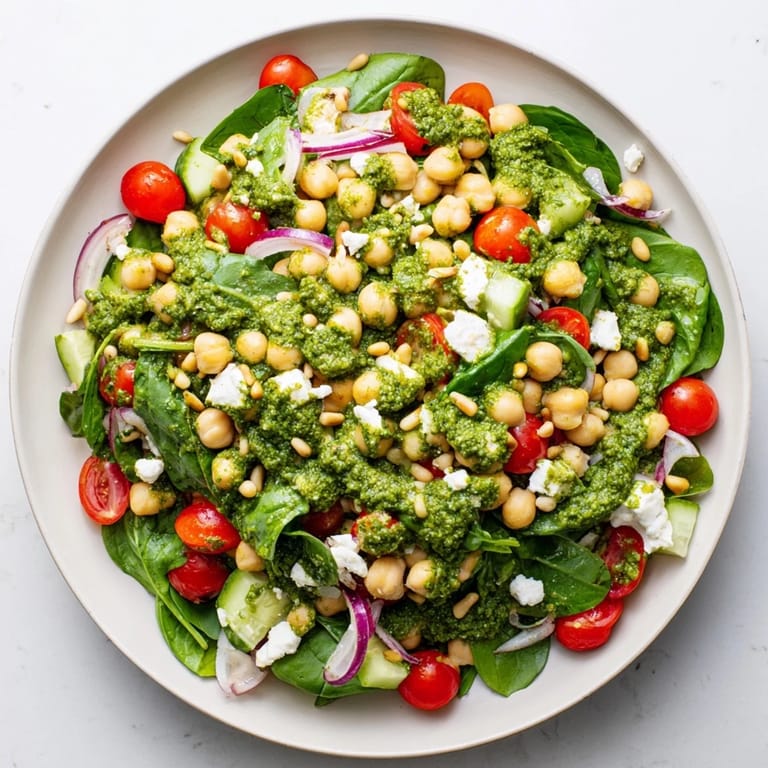 This Pesto Chickpea and Spinach Salad showcases creamy chickpeas, sweet tomatoes, and a bright pesto dressing.
