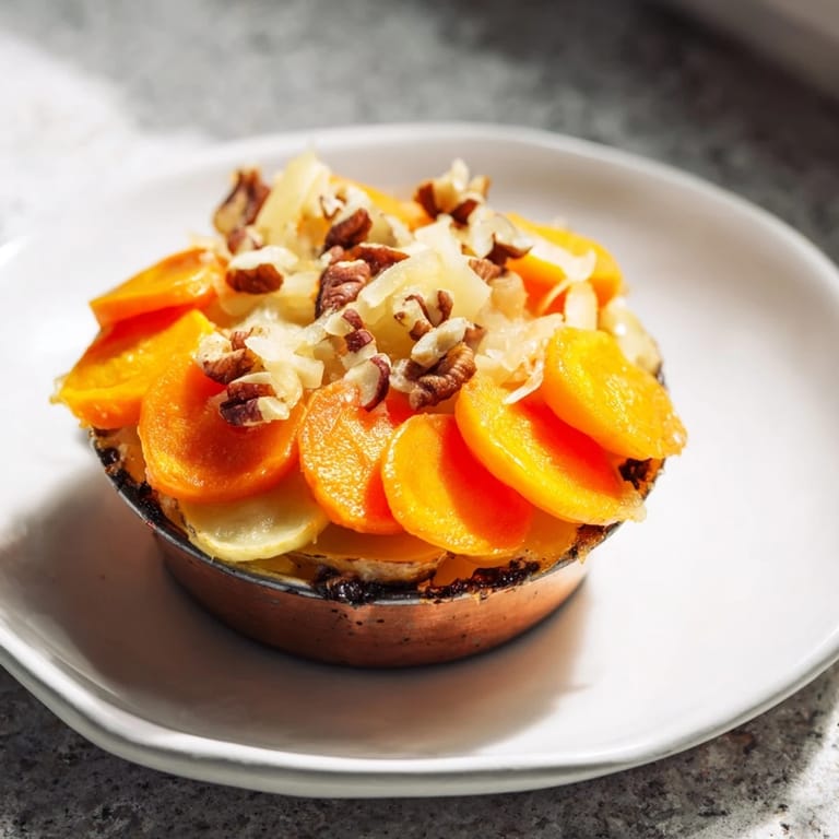 Layered Copper Penny Warmth with toasted pecans, creating a beautiful appetizer with sweet potato and carrots.
