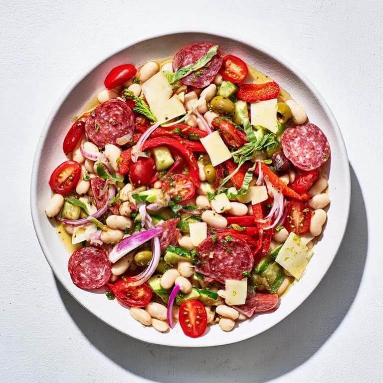 A refreshing Italian Antipasto Bean Salad featuring vibrant vegetables and creamy cannellini beans tossed in dressing.