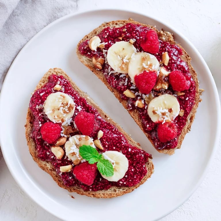 Warm, golden raspberry chia jam toast with fresh, juicy raspberries piled high as a topping.
