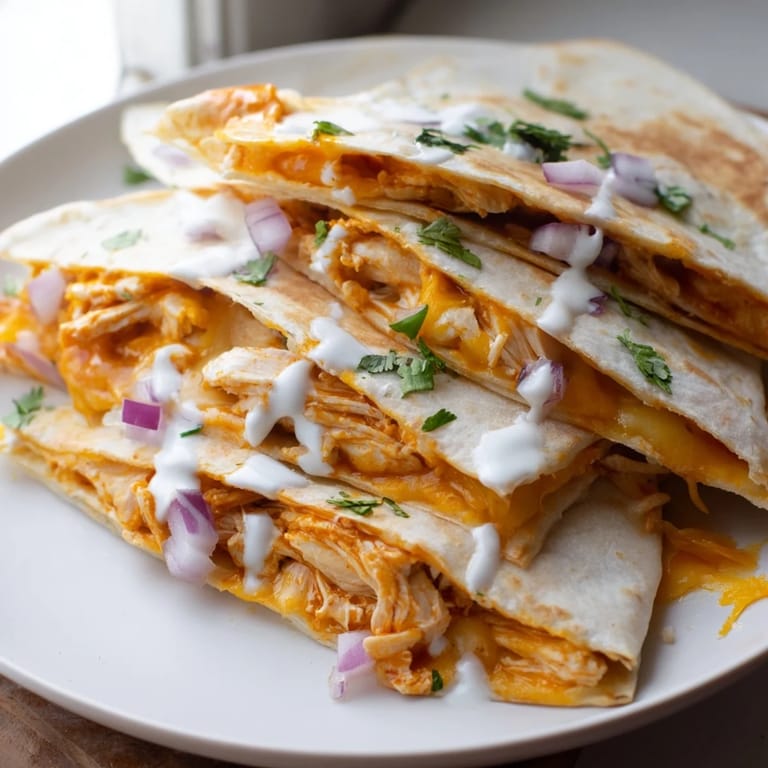 A close-up of a flavorful Buffalo Chicken Quesadilla, with melted cheese and fresh cilantro.