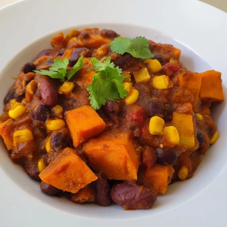 Thick and flavorful Smoky Sweet Potato Chili, perfect for a cozy evening meal with crusty bread.