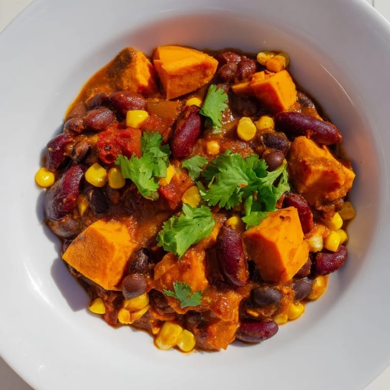 A close-up shot of hearty Smoky Sweet Potato Chili, showcasing the warming spices and vibrant colors.