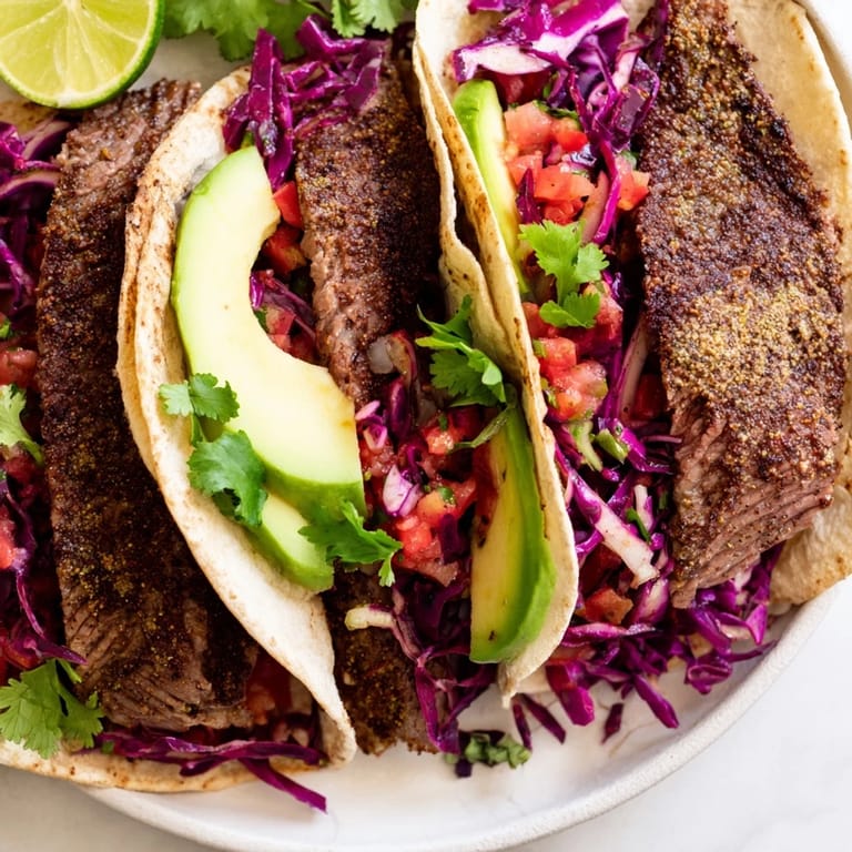 Smoky char marks on perfectly grilled Coffee-Rubbed Steak Tacos, ready to be filled with flavorful toppings.