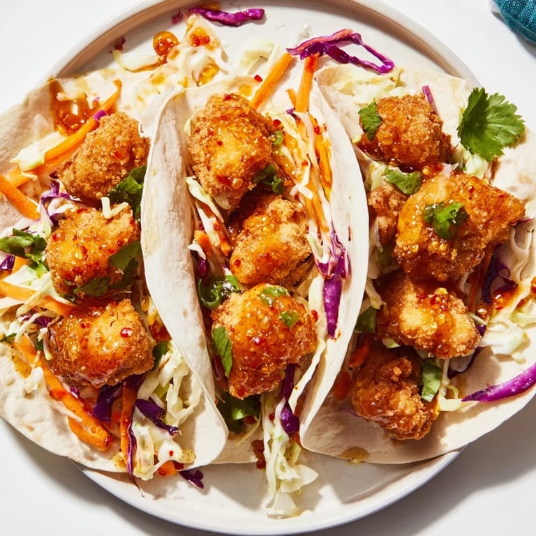 Close-up of bubbling hot honey drizzled over crispy Hot Honey Chicken Tacos, ready for taco night enjoyment.