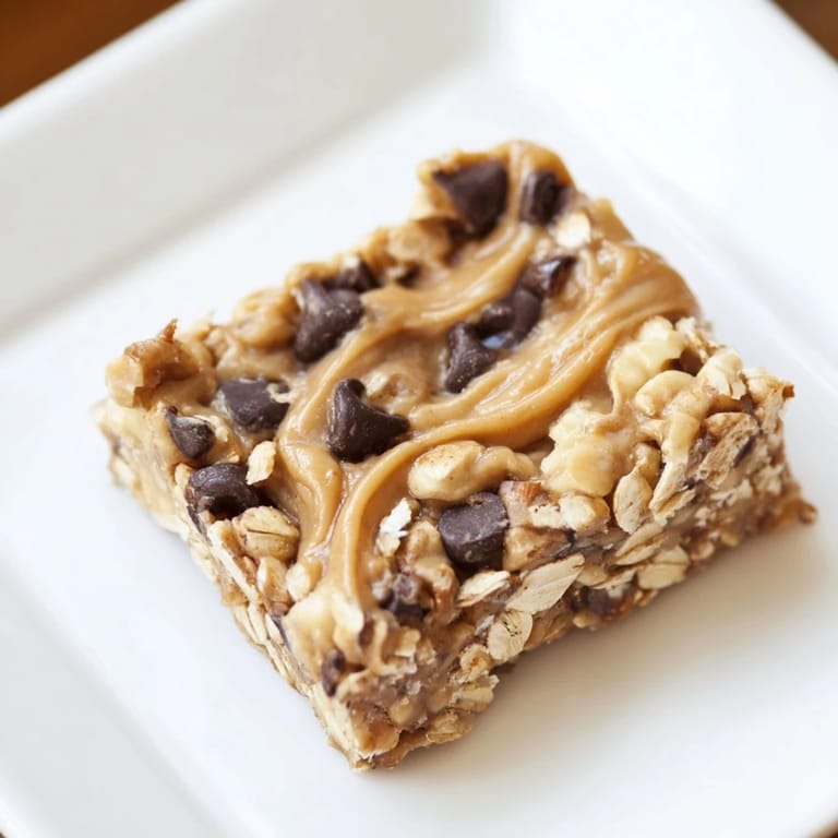 Creamy peanut butter banana oat bars, cut into perfect squares, promising a delicious bite.