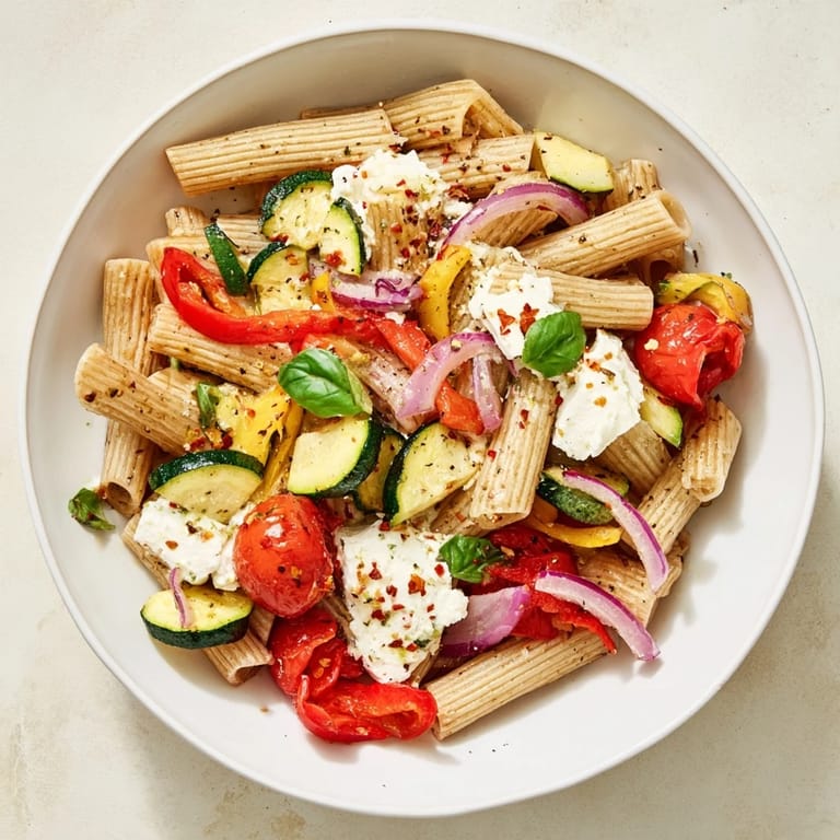 Flavorful baked feta pasta 2.0, with perfectly roasted vegetables and whole-grain pasta, ready to serve.