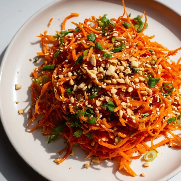 Close-up of a flavorful Spicy Carrot Salad, showcasing the bright colors and textures.